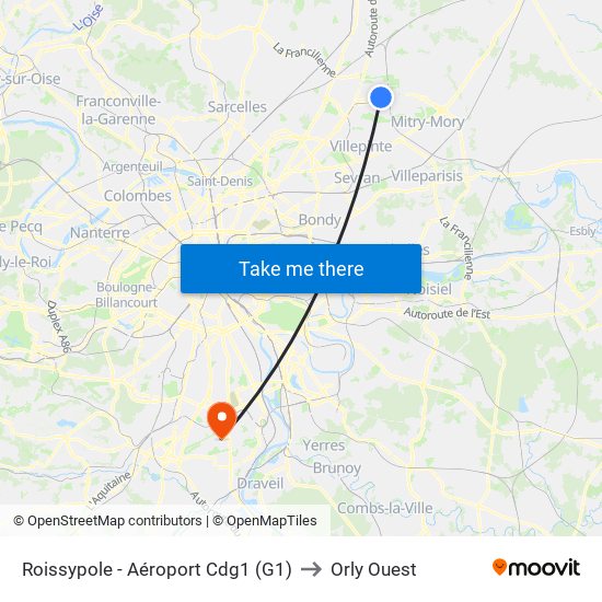 Roissypole - Aéroport Cdg1 (G1) to Orly Ouest map