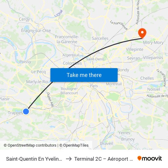 Saint-Quentin En Yvelines - Montigny-Le-Bretonneux to Terminal 2C – Aéroport Paris-Roissy Charles de Gaulle map