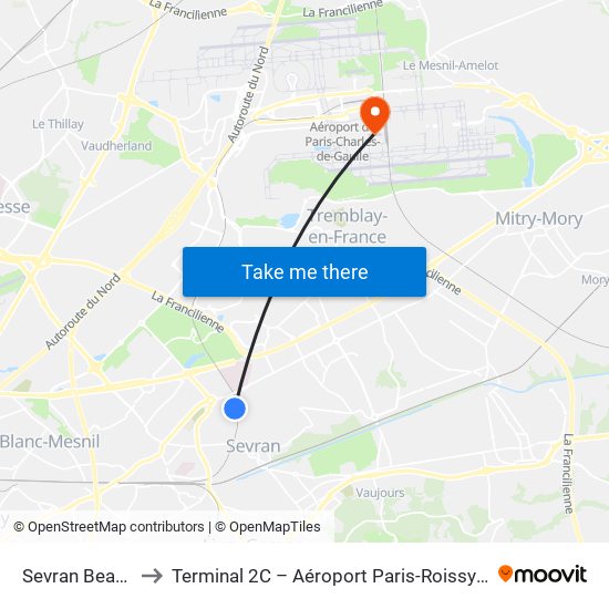 Sevran Beaudottes to Terminal 2C – Aéroport Paris-Roissy Charles de Gaulle map