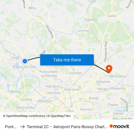 Pontoise to Terminal 2C – Aéroport Paris-Roissy Charles de Gaulle map