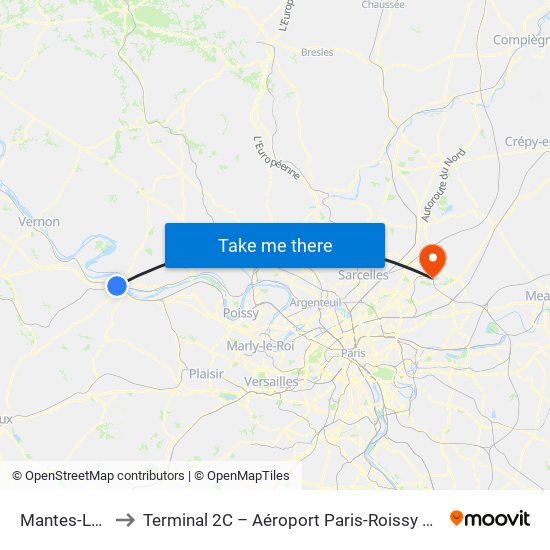 Mantes-La-Jolie to Terminal 2C – Aéroport Paris-Roissy Charles de Gaulle map