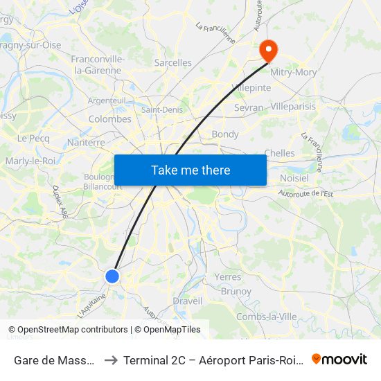 Gare de Massy-Palaiseau to Terminal 2C – Aéroport Paris-Roissy Charles de Gaulle map