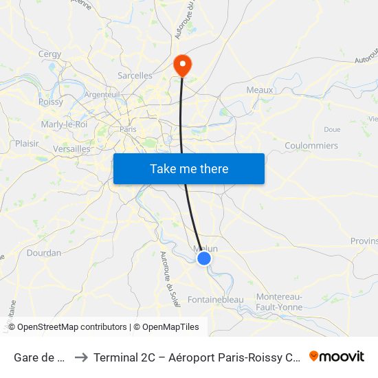 Gare de Melun to Terminal 2C – Aéroport Paris-Roissy Charles de Gaulle map