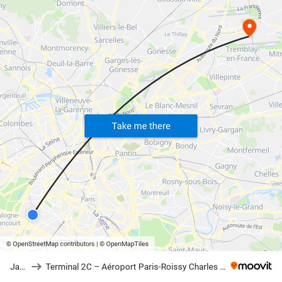 Javel to Terminal 2C – Aéroport Paris-Roissy Charles de Gaulle map