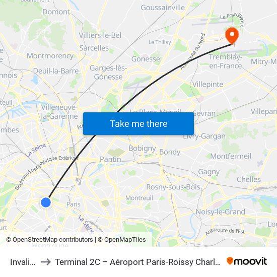 Invalides to Terminal 2C – Aéroport Paris-Roissy Charles de Gaulle map