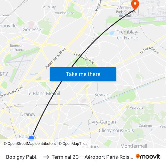 Bobigny Pablo Picasso to Terminal 2C – Aéroport Paris-Roissy Charles de Gaulle map