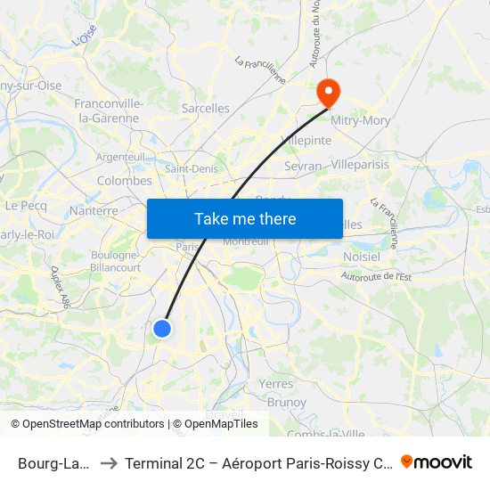 Bourg-La-Reine to Terminal 2C – Aéroport Paris-Roissy Charles de Gaulle map