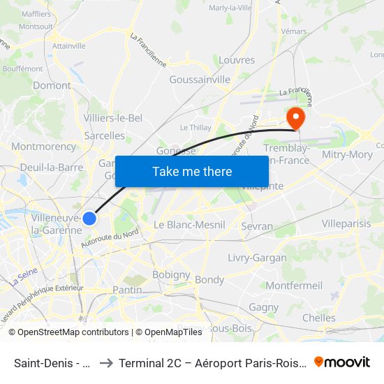 Saint-Denis - Université to Terminal 2C – Aéroport Paris-Roissy Charles de Gaulle map