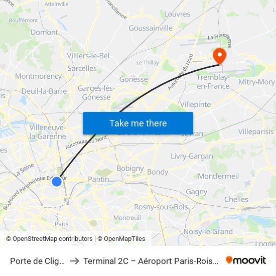 Porte de Clignancourt to Terminal 2C – Aéroport Paris-Roissy Charles de Gaulle map