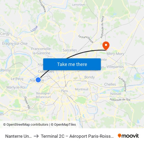 Nanterre Université to Terminal 2C – Aéroport Paris-Roissy Charles de Gaulle map