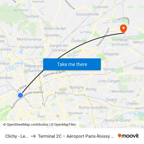 Clichy - Levallois to Terminal 2C – Aéroport Paris-Roissy Charles de Gaulle map