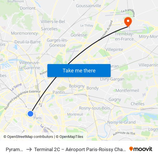 Pyramides to Terminal 2C – Aéroport Paris-Roissy Charles de Gaulle map