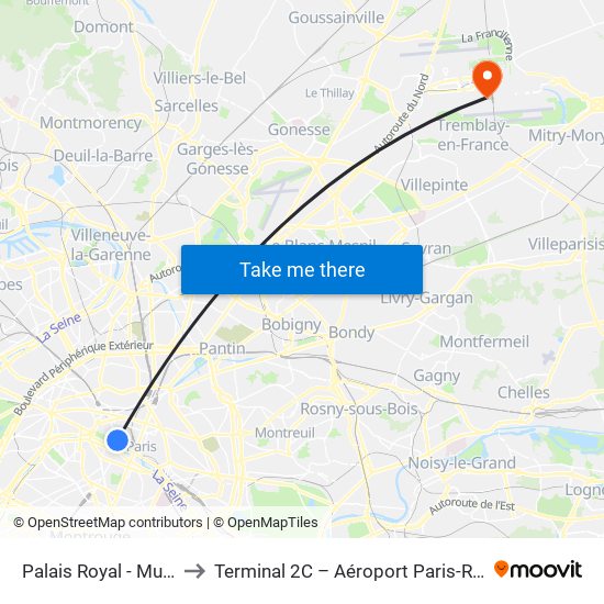 Palais Royal - Musée du Louvre to Terminal 2C – Aéroport Paris-Roissy Charles de Gaulle map