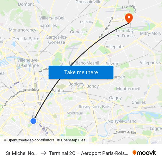 St Michel Notre Dame to Terminal 2C – Aéroport Paris-Roissy Charles de Gaulle map