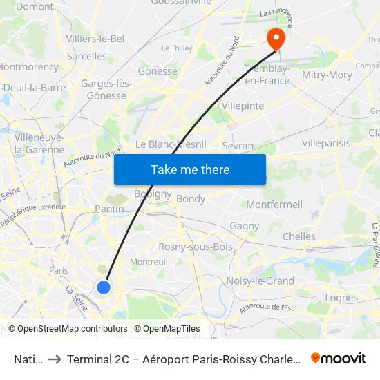 Nation to Terminal 2C – Aéroport Paris-Roissy Charles de Gaulle map