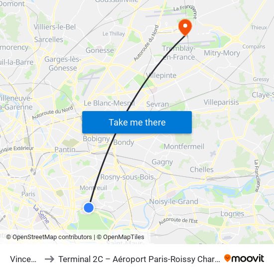 Vincennes to Terminal 2C – Aéroport Paris-Roissy Charles de Gaulle map