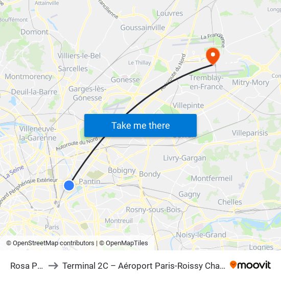Rosa Parks to Terminal 2C – Aéroport Paris-Roissy Charles de Gaulle map