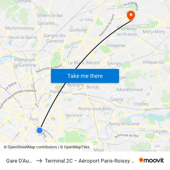 Gare D'Austerlitz to Terminal 2C – Aéroport Paris-Roissy Charles de Gaulle map