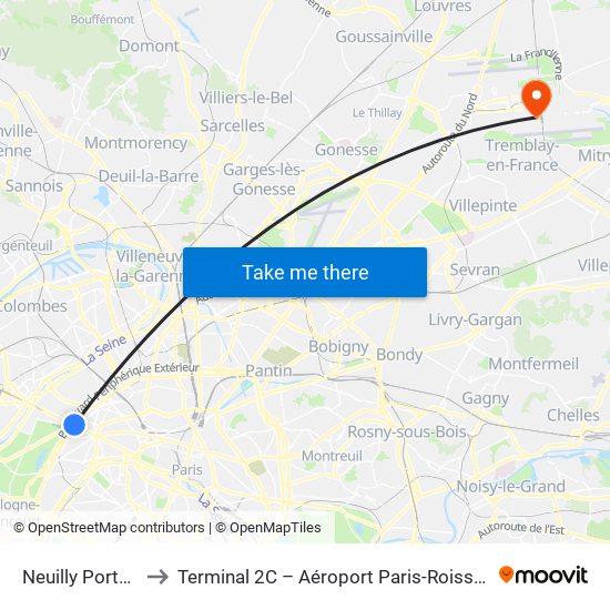 Neuilly Porte Maillot to Terminal 2C – Aéroport Paris-Roissy Charles de Gaulle map