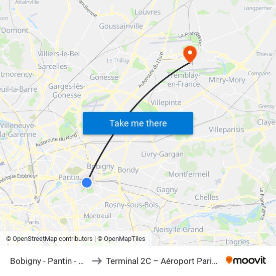 Bobigny - Pantin - Raymond Queneau to Terminal 2C – Aéroport Paris-Roissy Charles de Gaulle map
