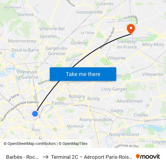 Barbès - Rochechouart to Terminal 2C – Aéroport Paris-Roissy Charles de Gaulle map