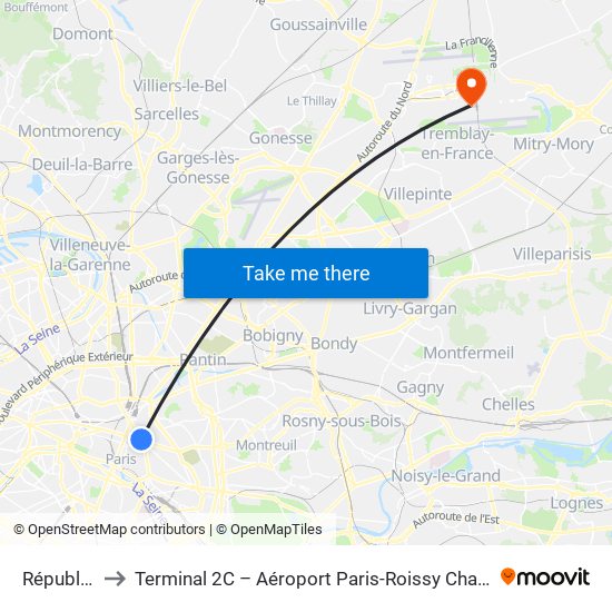 République to Terminal 2C – Aéroport Paris-Roissy Charles de Gaulle map