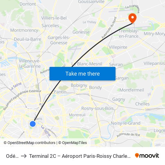 Odéon to Terminal 2C – Aéroport Paris-Roissy Charles de Gaulle map