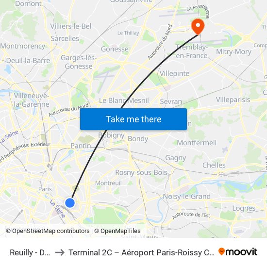 Reuilly - Diderot to Terminal 2C – Aéroport Paris-Roissy Charles de Gaulle map