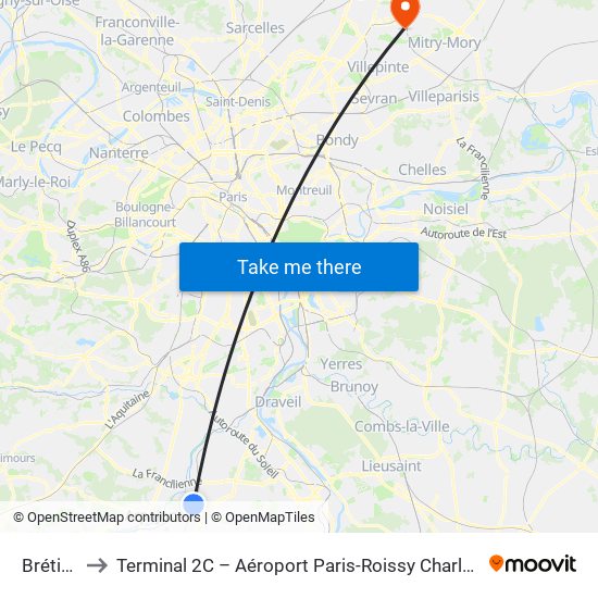 Brétigny to Terminal 2C – Aéroport Paris-Roissy Charles de Gaulle map