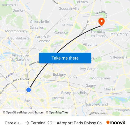 Gare du Nord to Terminal 2C – Aéroport Paris-Roissy Charles de Gaulle map