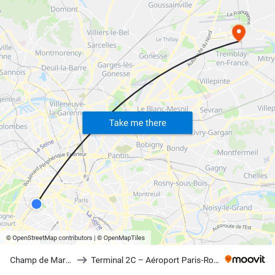 Champ de Mars Tour Eiffel to Terminal 2C – Aéroport Paris-Roissy Charles de Gaulle map