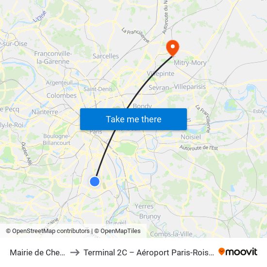 Mairie de Chevilly-Larue to Terminal 2C – Aéroport Paris-Roissy Charles de Gaulle map