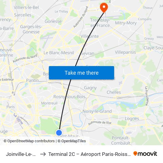 Joinville-Le-Pont RER to Terminal 2C – Aéroport Paris-Roissy Charles de Gaulle map