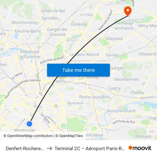 Denfert-Rochereau - Daguerre to Terminal 2C – Aéroport Paris-Roissy Charles de Gaulle map