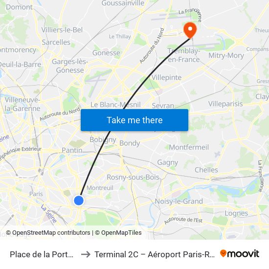 Place de la Porte de Montreuil to Terminal 2C – Aéroport Paris-Roissy Charles de Gaulle map