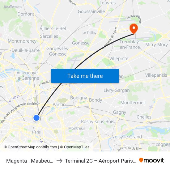 Magenta - Maubeuge - Gare du Nord to Terminal 2C – Aéroport Paris-Roissy Charles de Gaulle map