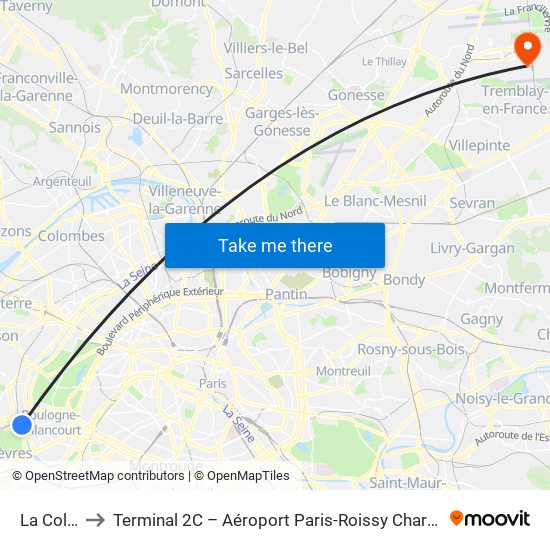 La Colline to Terminal 2C – Aéroport Paris-Roissy Charles de Gaulle map