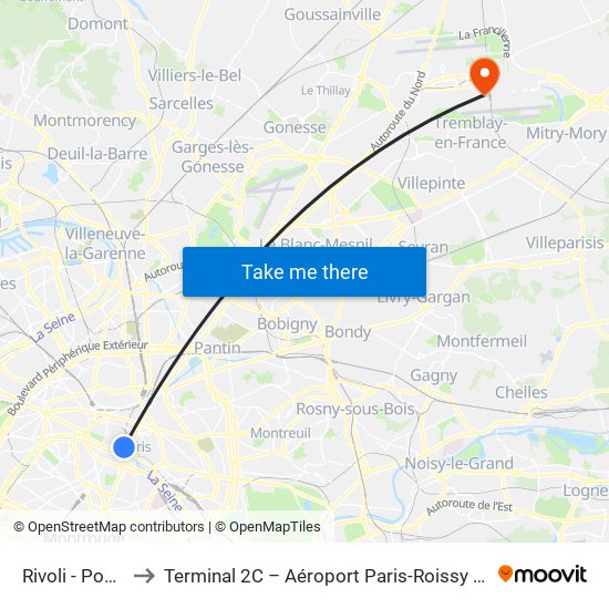 Rivoli - Pont Neuf to Terminal 2C – Aéroport Paris-Roissy Charles de Gaulle map