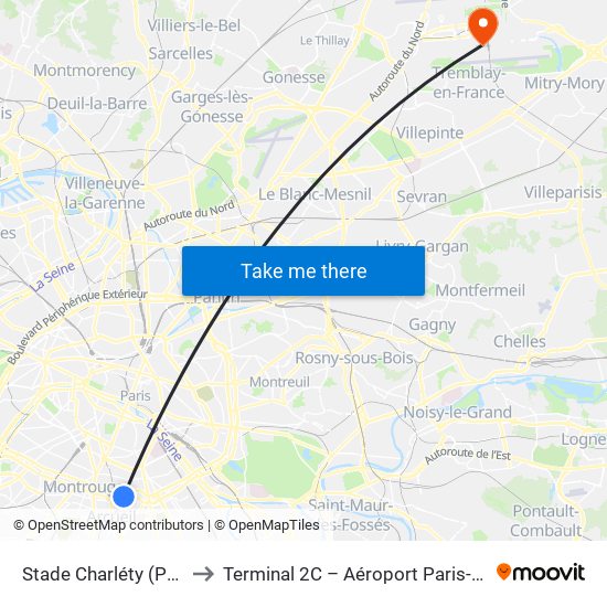 Stade Charléty (Porte de Gentilly) to Terminal 2C – Aéroport Paris-Roissy Charles de Gaulle map