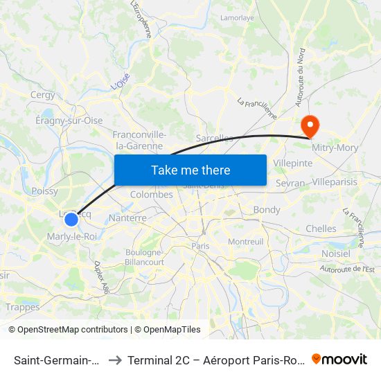 Saint-Germain-En-Laye RER to Terminal 2C – Aéroport Paris-Roissy Charles de Gaulle map