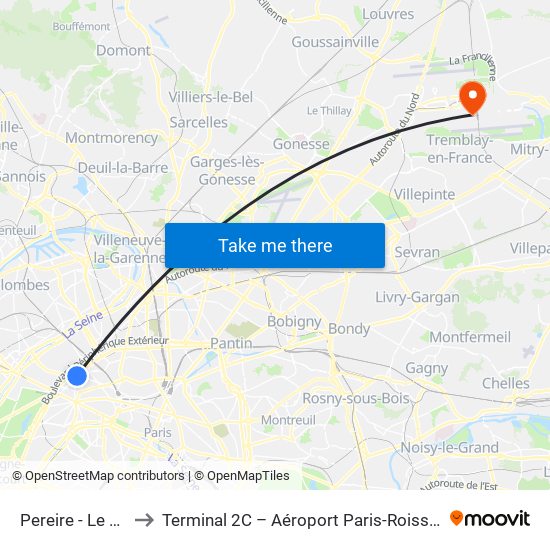 Pereire - Le Chatelier to Terminal 2C – Aéroport Paris-Roissy Charles de Gaulle map