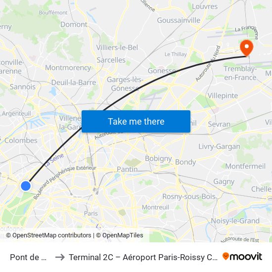 Pont de Neuilly to Terminal 2C – Aéroport Paris-Roissy Charles de Gaulle map