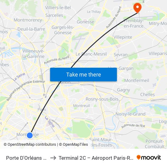 Porte D'Orléans - Ernest Reyer to Terminal 2C – Aéroport Paris-Roissy Charles de Gaulle map