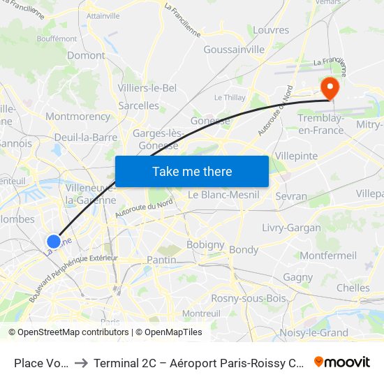 Place Voltaire to Terminal 2C – Aéroport Paris-Roissy Charles de Gaulle map