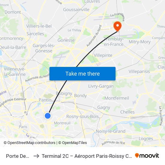 Porte Des Lilas to Terminal 2C – Aéroport Paris-Roissy Charles de Gaulle map