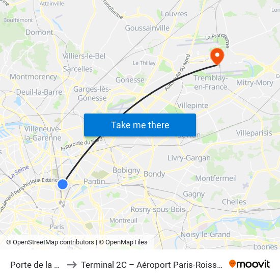 Porte de la Chapelle to Terminal 2C – Aéroport Paris-Roissy Charles de Gaulle map