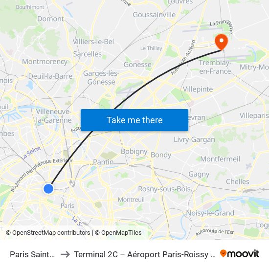 Paris Saint-Lazare to Terminal 2C – Aéroport Paris-Roissy Charles de Gaulle map