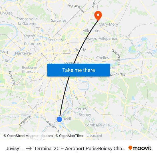Juvisy RER to Terminal 2C – Aéroport Paris-Roissy Charles de Gaulle map