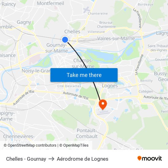Chelles - Gournay to Aérodrome de Lognes map