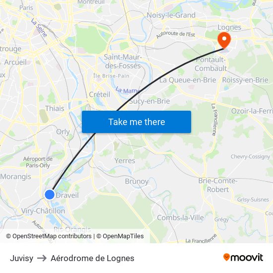 Juvisy to Aérodrome de Lognes map